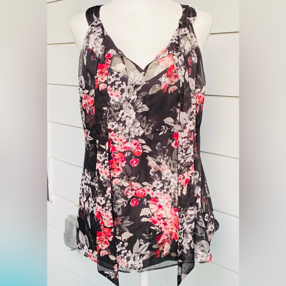 WHBM Sleeveless Blouse Top Shear Overlay 2P Black, Red and Pink